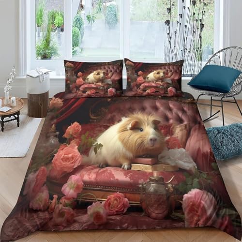 Rose Blumentier Meerschweinchen Bettbezug Set Mädchen Junge Kinder 3D Gedruckter 135X200 cm Bettwäschegarnitur Weich Microfaser Reissverschluss Bettwäsche Und Kissenbezüge 3 Teilig - Beq -29721350975