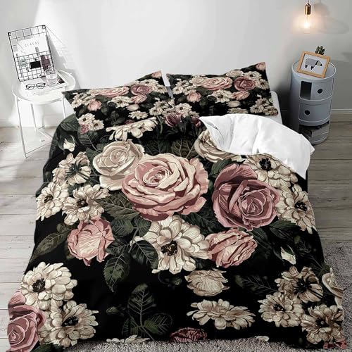 LUVIVIHOME 3-teiliges Bettwäsche-Set mit Vintage-Blumenmuster, Boho, rustikal, Retro, stimmungsvoll, Gothic, Aquarell, botanische Blätter, Blüte, Schwarz, Weiß, Rosa, Pfingstrose, Rose, Tröster,