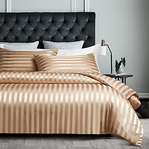 Sacebeleu Bettwäsche Set 220x240cm Satin Gold Uni Einfarbig Glatt Glanzsatin Luxus Bettwäsche Glänzend Seide Gestreift 1 Bettbezug mit Reißverschluss und 2 Kissenbezüge 80 x 80 cm