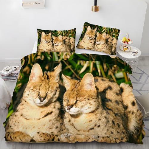 EXSANLIEAY Serval Katze BettwäSche 135x200 Niedlich BettwäSche-Sets Weich & Bügelfrei Bettbezüge, 3teilig Microfaser Bettbezug Set mit Reißverschluss - 1 Bettbezügen & 2 Kissenbezügen 80x80