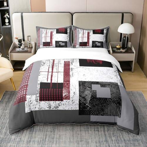 Homewish Bettbezug aus Baumwolle, 240 x 260 cm, geometrisch, kariert, Bettwäsche-Set, rot, schwarz, weiß, grau, Tagesdecke, Retro, abstrakt, modern, Bettwäsche-Set, Motiv: Vintage