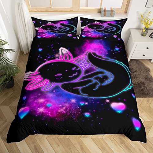 Kinder Süß Axolotl Bettwäsche Set 135x200cm Mädchen Funkeln Karikatur Salamander Bettbezug Set Jungs Violett Blau Galaxis Axolotl Betten Set Zimmerdekoration Kleinkind Kawaii Reptil Tier 2 Stk