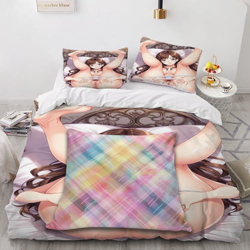 SPECUFX Liebey Anime-Mädchen Ecchi 3 Teilig Bettbezüge 135x200 Bettwäsche Weihnachten Bequeme leichteLuxus Hypoallergene Deckenbezug 135x200cm Bettbezug Set 2 Kissenbezug 80x80cm Reißverschluss