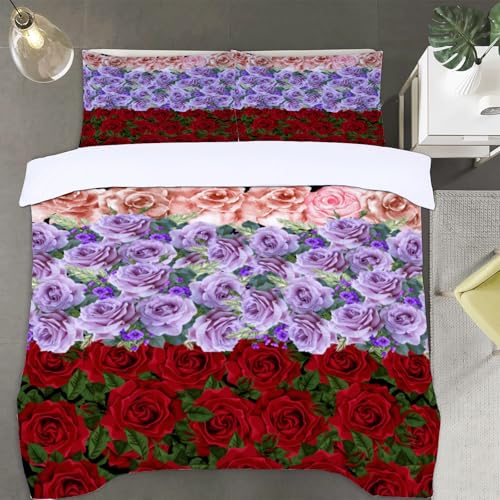 Rosen Blume Bettwäsche 155x220 Romantisches Liebes Bettwäsche-sets, 3D Microfaser Bettbezug 3Teilig Duvet Cover mit Reißverschluss und 2 Kissenbezug 80x80cm