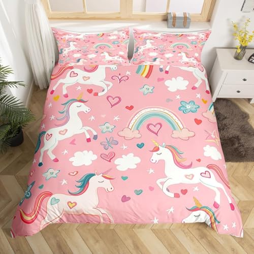 Loussiesd Einhorn Bettwäsche Set 135x200cm Blume Bettbezug Set für Kinder Jungen Mädchen Dekor Regenbogen Schmetterling Bettwäsche-Set Einhorn Glitter Rosa Lila Bettbezug