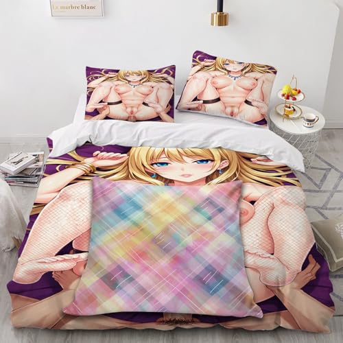 SPECUFX Liebey Anime-Mädchen Ecchi 3 Teilig Bettbezüge 135x200 Bettwäsche 3D Gedruckter Bequeme Weihnachten Hypoallergene Deckenbezug 135x200cm Bettbezug Set 2 Kissenbezug 80x80cm Reißverschluss