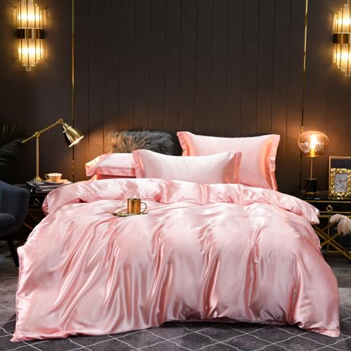 Nyescasa Satin Bettwäsche 135x200 2 Teilig Rosa Einfarbig Unifarben Bettwäsche-Set Luxus Seide Glanzsatin Bettbezüge Glatt Glänzend Bettbezug mit Reißverschluss und Kissenbezug 80x80cm