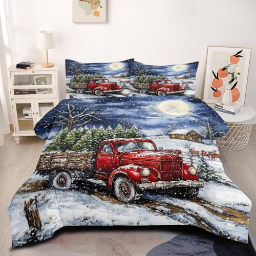 CCoutueChen Bettwäsche-Set mit rotem LKW-Design, für Doppelbett, blau-weiße Weihnachtsbäume, Bettwäsche-Set für Kinder, Mädchen, Mondschneeflocke, Urlaubsdekoration, 2-teiliges weiches warmes