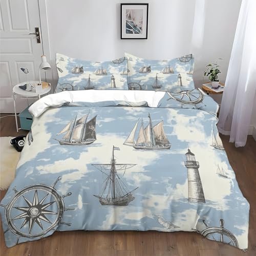 XCQHZYQ Bettwäsche 135x200 cm Schiff Kompass Leuchtturm Bettbezug Set für Kinder Jungen Mädchen Weich Atmungsaktiv Baumwolle Polyester Betten Set mit Reißverschluss