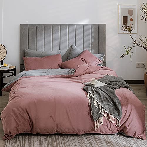 Lanqinglv Warme Winter Bettwäsche 220x240cm Grau Rosa Biber Plüsch Deckenbezug Doppelbett Unifarben Bettbezug mit Reißverschluss und 2 Kissenbezug 80x80cm