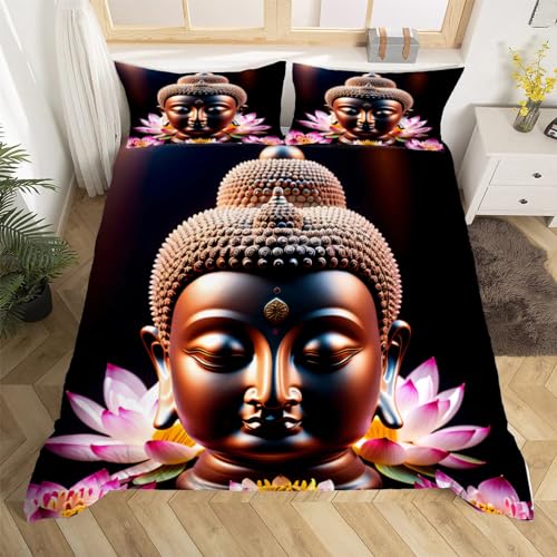 Buddhistische Kultur Bettwäsche Set 135x200 cm Weiche Mikrofaser Orientalische Buddhastatue Bettwäsche-Sets mit Reißverschluss 3 Teilig Bettbezug mit 2 Kissenbezug 80x80 cm