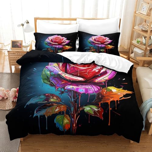 CasCam Rose Bettbezug Set Bettwäschegarnitur Für Kinder Mädchen Jungen 3D Gedruckter Flower Reissverschluss Weich Microfaser Bettwäsche Und Kissenbezüge 3 Teilig Single?140x200cm?