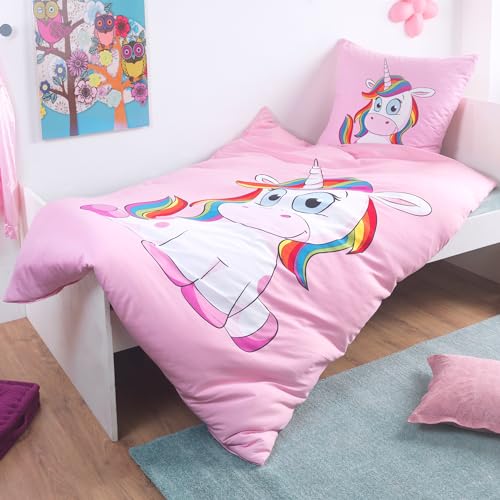 Kuscheli® Kinderbettwäsche Mädchen Einhorn Bettwäsche Set Unicorn Pony passend für Kinder Bettdecken 135x200 + Kissenbezug 80x80 rosa pink Pferde, Design - Motiv:Design 1