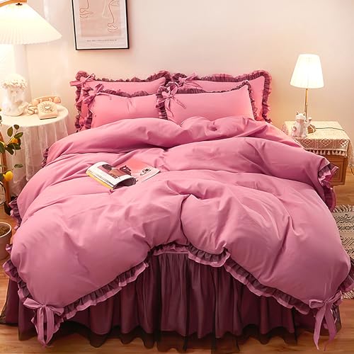 GETIYA Elegant Rüschen Bettwäsche 135x200 4Teilig Rosa Dunkelrosa Bettwäsche Unifarben Damen Mädchen Bettbezug mit Schleife Weich Mikrofaser Bettwäsche Set mit 2 Kissenbezug 80x80