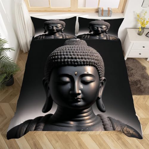 Orientalische Buddhastatue Bettwäsche Set 135x200 cm Weiche Mikrofaser Buddha Bettwäsche-Sets mit Reißverschluss 3 Teilig Bettbezug mit 2 Kissenbezug 80x80 cm