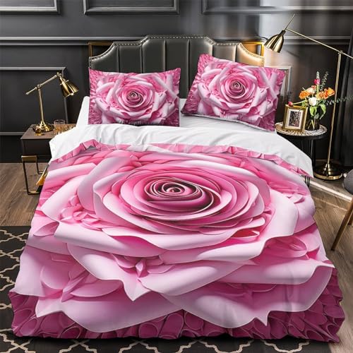 JUXINGABC rosa Rose 3D-Druck Bettwäsche Set 3 Stücke Set Mit Kissenbezügen Comforter Cover Microfiber Quilt Cover Single?140x200cm?