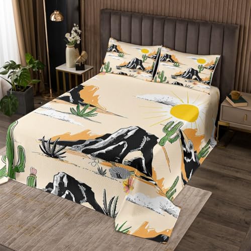 Western Tagesdecke S Größe,Wüstenkaktus Bergblick Bettwäsche Set,Rustikale Bauernhaus Tröster Set Kinder Mädchen Jungen Teens Zimmer Dekor,Beige Braun Cartoon Quilt Coverlet,1 Kissenbezug