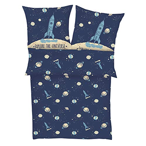 s.Oliver Kinderbettwäsche Universum 135x200 cm - 100% Baumwolle, praktischer Reißverschluss & maschinenwaschbar, Bettwäsche für Kinder Astronaut & Rakete 2tlg. blau