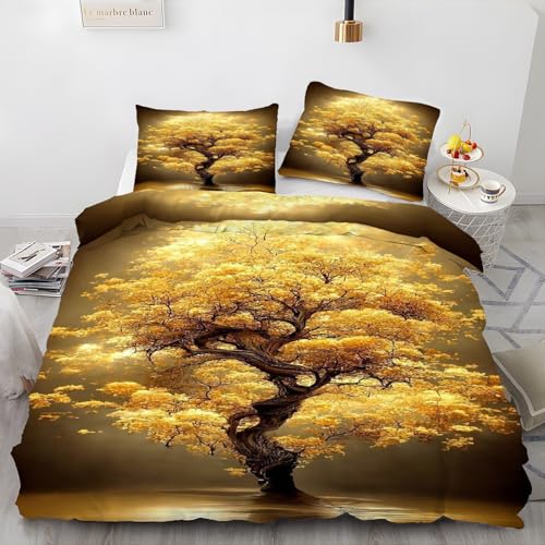 BSYYZQC Bettwäsche 200x200 Zweige Bettbezug Goldener Baum Bettwäsche-Sets Mikrofaser, 1 Bettbezüge und 2 Kissenbezüge 80x80 cm, Bettwaesche 3 Teilig Mit ReißVerschluss