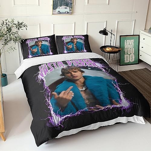 GIOSBR Justin Bieber 3D Gedruckter Bettbezug Set Bettwäschegarnitur Für Kinder Mädchen Jungen Bettwäsche Und Kissenbezüge Weich Microfaser Reissverschluss 3 Teilig King?220x240cm?