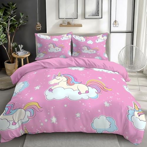 CozyRest Bettwäsche Set Einhorn-Fantasie Bettbezug Doppelseitig Bettwäsche 200 x 200 cm Bettbezug für Erwachsene und Kinder 2 Kissenbezüge 80x80cm, Rose