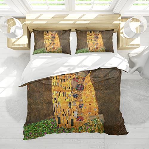 SAISEMIHOME Braunes Bettwsche Set Gustav Klimt Work Lovers 3-teiliges weiches gelbes Bettwäsche-Set und 2 Kissen-Shams-Mikrofaser-B ett-Set für den Schlafsaal 135x200cm