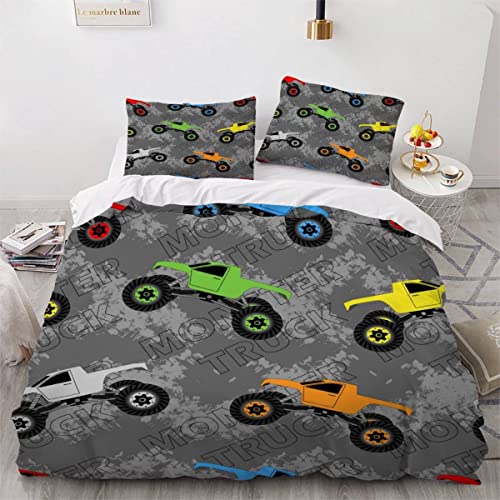 YOSHOME Bettwäsche-Sets Monster Truck Bettbezug 135x200 Kinder Mehrfarbiges Auto 3D Druck Sommer Hypoallergen Mikrofaser Bettbezüge mit Reißverschluss Und 2 Kissenbezug 80x80cm