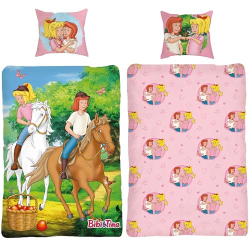 BERONAGE Bibi und Tina Kinderbettwäsche Pferde - 135 x 200 cm + 80 x 80 cm – 100% Baumwolle Renforcé-Linon – Bettwäsche mit Motiven von Amadeus & Sabrina - Reiten - Reißverschluss, deutsche Größe