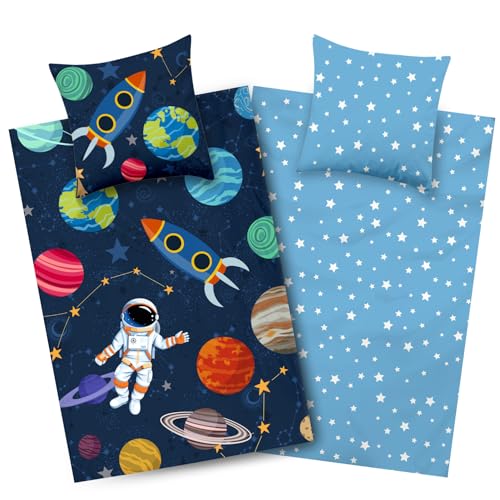 Aminata kids Weltraum Bettwäsche 135x200 Weltall-Motiv Kinder-Bettwäsche-Wende- Set Jungen Rakete Baumwolle Weltraum Motiv mit Astronaut YKK Reißverschluss blau