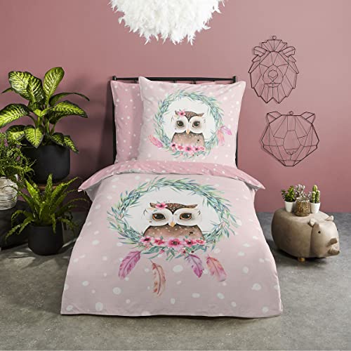 Good Morning Bettwäsche Owli Eule pink 1 Bettbezug 135 x 200 cm + 1 Kissenbezug 80 x 80 cm