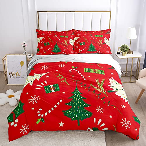 Frohe Weihnachten Design Bettwäsche Set 135x200 cm Rot Weihnachten Bettbezug mit Weihnachtsbaum Schneemann Bettwäsche mit Kissenbezug (B,135 x 200 cm)