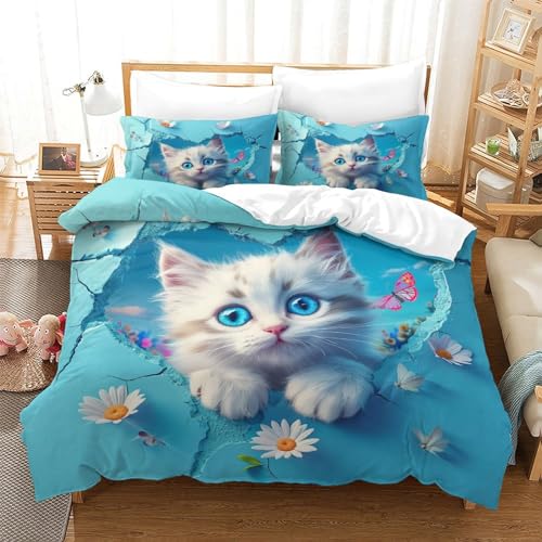 NNAWFJXG Cute Katze 3D Bettwäsche-Sets Kunst Bettbezug 3 Teilig Sets Mikrofaser, Bettwäsche Kinder Mit Kissenbezug Für Erwachsene Teenager Kinder Mit Reißverschluss Single?140x200cm?