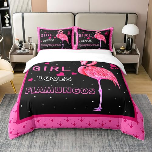 Loussiesd Flamingo Tropisch Flamingo Muster 100% Baumwolle Bettwäsche Set 135x200cm Tier Dekor Bettwäsche für Jungen Mädchen Kinder Teens Schlafzimmer Dekor Vogel Drucken Rose Rot Bettwäsche