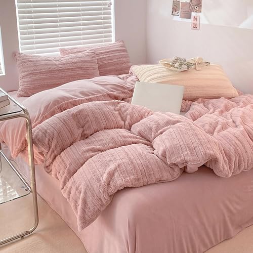 Nyescasa Plüsch Bettwäsche 135x200 Winter Warme Langhaar Flauschige Biber Flanell Fleece Rosa Gestreift Wende Winterbettwäsche Set Mädchen Bettbezug mit Reißverschluss und Kissenbezug 80x80cm