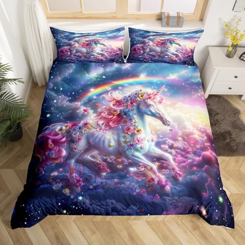 Mädchen 200x200 Regenbogen Einhorn Bettbezug Nette Cartoon Einhorn Bettwäsche Set Prinzessin Prinz Thema Tröster Bezug Rustikale Rose Floral Romantische Bettdecke Kawaii Einhorn Bettwäsche für Kinder