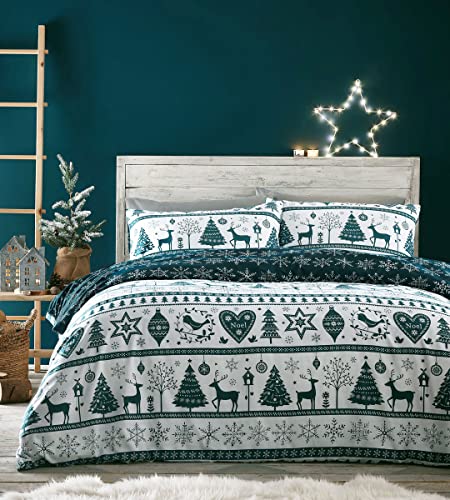 HOMEMAKER BEDDING Weihnachts-Bettwäsche-Se t, blaugrün, weiß, Rentiere, Hirsch, Herzen, Weihnachtsbäume, festlicher Bettbezug (Einzelbett)