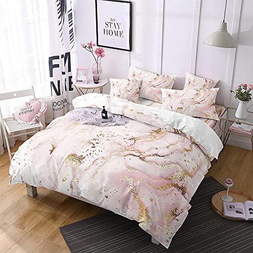 Freyamy Bettwäsche 135x200 2tlg Rosa Gold Marmor Optik Modern Bettwäsche Set Mikrofaser Wendebettwäsche Set Luxus Einzelbett 1 Bettbezüge mit Reißverschlüsse und 1 Kissenbezug 80x80