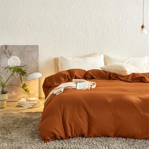 Covebett Doppelte Musselin Bettwäsche Baumwolle 135x200 Karamell Braun Uni Weich Atmungsaktiv Bettwäsche-Sets ÖKO-TEX Einzelbett Einfarbig Bettbezug mit Reißverschluss und 1 Kissenbezug 40x80cm