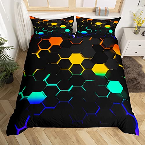 3D Waben Bettbezug Set S Größe,Bunte Neon Licht Hexagon Bettwäsche Set Kinder Jungen Teens Mädchen Mode Geometrische Tröster Abdeckung Schwarz Cool Gaming Quilt Cover,1 Kissenbezug