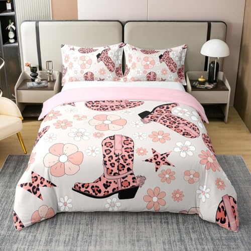 Cowboy Hut 100% Baumwolle Bettbezug 135x200,Stiefel Leopard Western Schlafzimmer Dekor Tröster Abdeckung,Cowgirl Blumen Gedruckt Kinder Mädchen Bettwäsche Set für Bett,Schwarz Rosa Boho Bettbezug