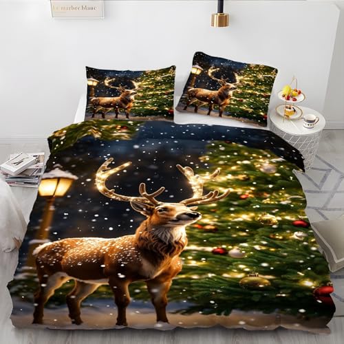 EXSANLIEAY Weihnachten BettwäSche 135x200 Elch BettwäSche-Sets füR Jeden, Bettbezug Wende Microfaser mit Reißverschluss - 1 Bettbezügen & 2 Kissenbezügen 80x80, Weich & Bügelfrei