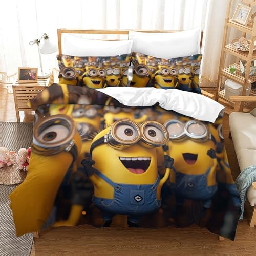 DFURNIOPE Minions 3Pcs 3D-Druck Quilt Covers Mit Reißverschluss Verschluss Bettwäsche Set Für Jugendliche Und Erwachsene +2Kissenbezug Super King?260x220cm?