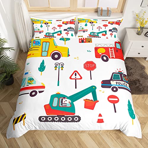 Cartoon Fahrzeuge Kinder Bettbezug Set S Größe,Nette Polizei Auto Feuerwehrauto Kleinkind Bettwäsche Set,Mädchen Erwachsene,BAU Bagger Tröster Abdeckung,Bunte Quilt Cover,1 Kissenbezug