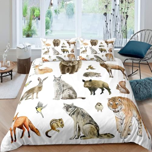 Mädchen Junge Kinder Bettwäschegarnitur 3D Gedruckter Tiere Tiger Fuchs Kaninchen Hirsch Bär Bettbezug Set Bettwäsche Und 2 Kissenbezüge Reissverschluss Weich Microfaser 3 Teilig 135X20-038E707M522B