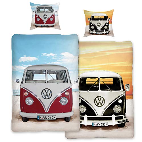 VW Volkswagen Bulli Bettwäsche Beach Rot / Schwarz 135 cm x 200 cm + 80 cm x 80 cm VW-Bus T1 100% Baumwolle in Renforcé-Linon-Qualität Retro Camper Van 2 Motive Wendebettwäsche Reißverschluss 089