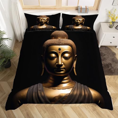 Orientalische Buddhastatue Bettwäsche Set 200x200 cm Weich Mikrofaser Religiöse Buddhastatue Bettwäsche-Sets mit Reißverschluss 3 Teilig Bettbezüge mit 2 Kissenbezug 80x80 cm