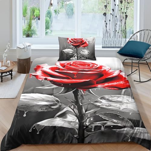 JUXINGABC rosa Rose 3D-Druck Bettwäsche-Set, Weiche Mikrofaser Bettdeckenbezug Enthält Bettlaken Kissenbezug Und Bettbezug Für Teenager Und Erwachsene Single?135x200cm?