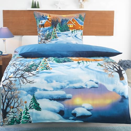 BaSaTex Warme Winter Flausch Bettwäsche 135x200 2tlg Set | 100% Mikrofaser Thermo Fleece | Weihnachtliche Winterlandschaft | Design: 01 - Winterland Nacht