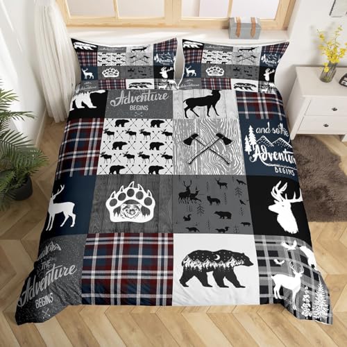 Rustikaler Plaid Patchwork Tröster Bezug, Jagd Bär Hirsch Bettbezug volle Größe, Landhaus Vintage Bettwäsche Set Wald Wildtier Gitter Klaue Quilt Cover Abenteuer Camping Schlafzimmer Dekor