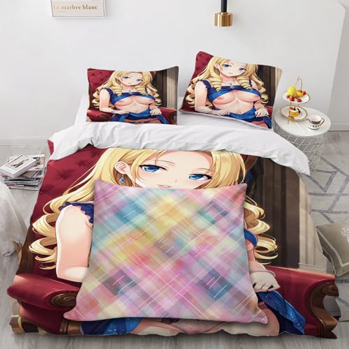 SPECUFX Liebey Anime-Mädchen Lewd 3 Teilig Bettbezüge 200x200 Bettwäsche Bequeme Weihnachten Hypoallergene leichteLuxus Deckenbezug 200x200cm Bettbezug Set 2 Kissenbezug 80x80cm Reißverschluss